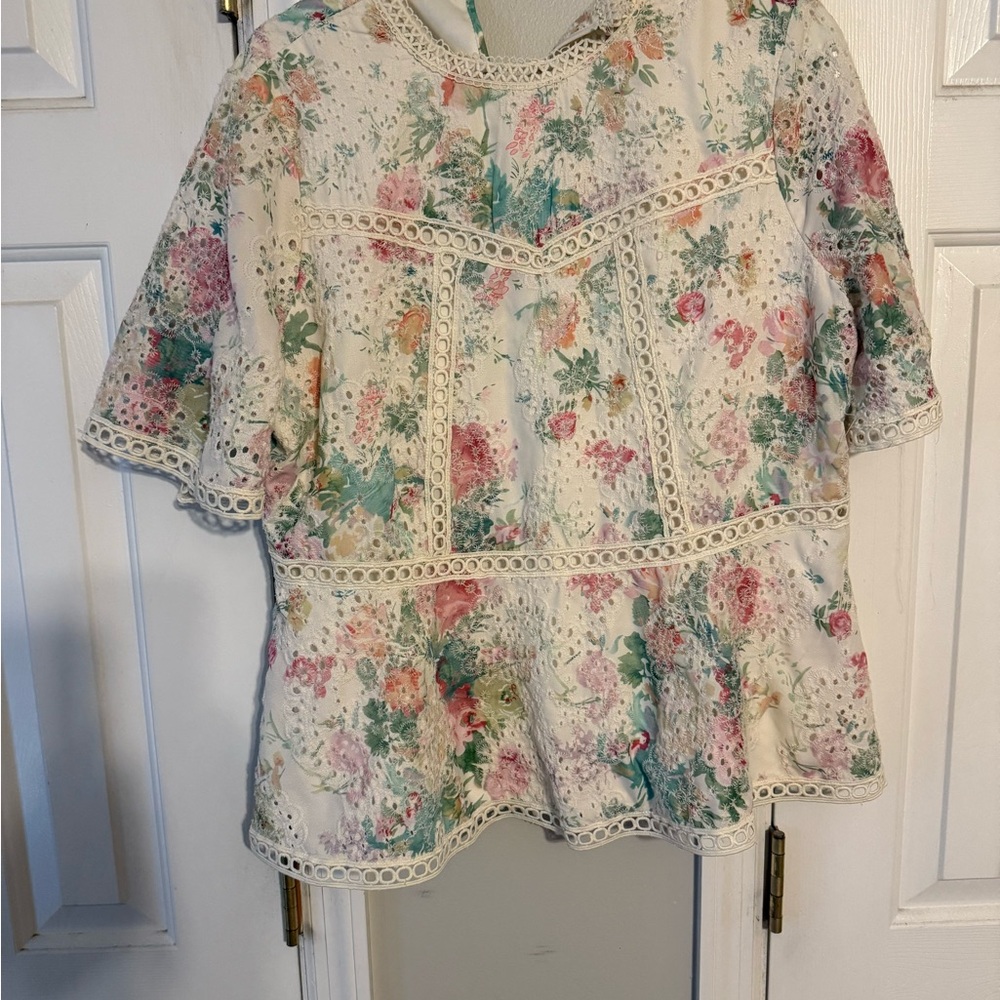 Cream Tan Flutter Sleeve Peplum Blouse with Sailor Collar